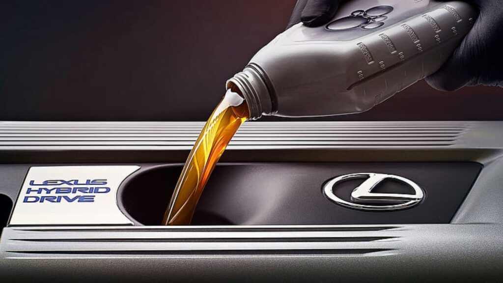 Engine oil being poured into a Lexus Hybrid Drive engine, featuring the Lexus logo and engine cover, showcasing hybrid vehicle maintenance.